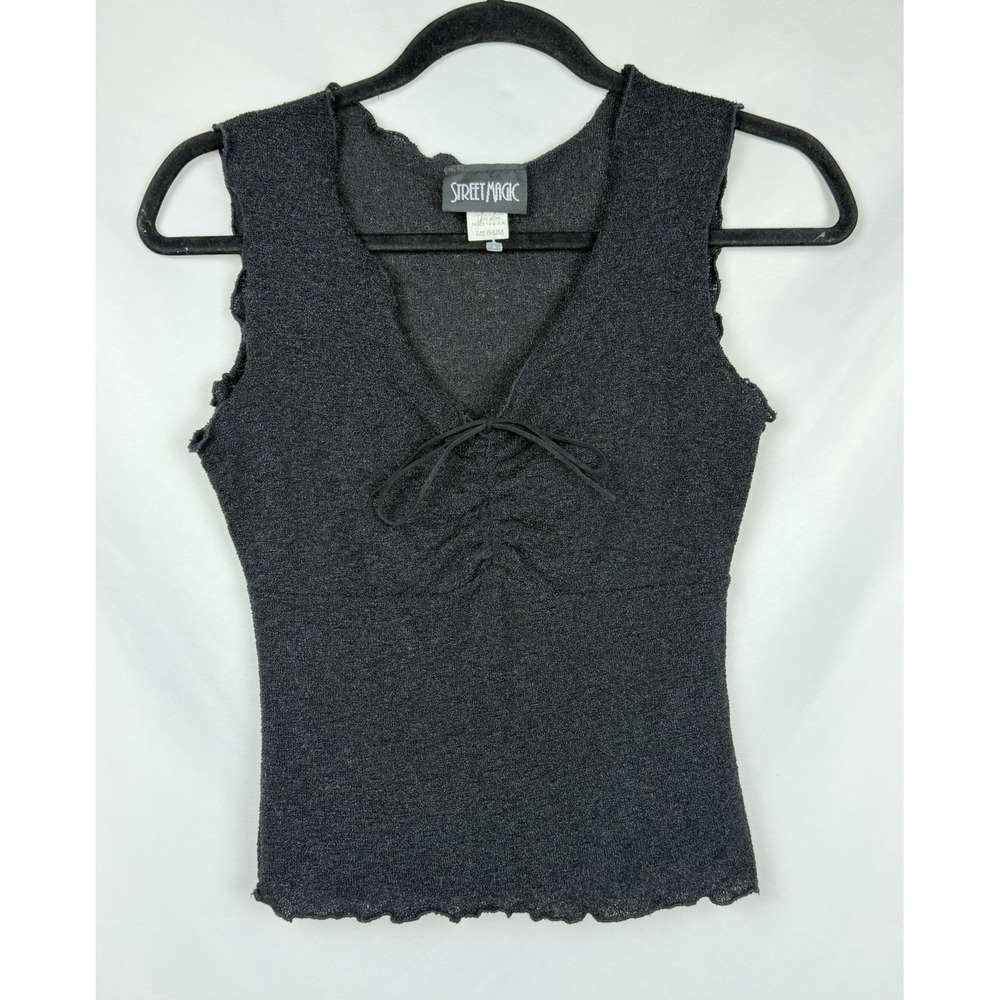 Vintage 90s Street Magic Dark Gray Lettuce Hem Milkmaid Cinch Cami Tank Top M